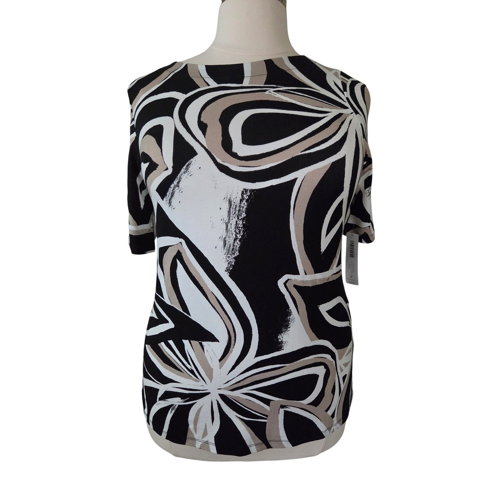 Chico's Linear Floral Boat Elbow Tunic Top Black White Tan Size 2 NEW WITH TAGS